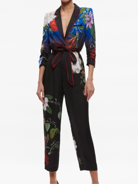 Alice + Olivia Pants - Alice + Olivia Louetta Black Floral Jumpsuit with Blue Accents